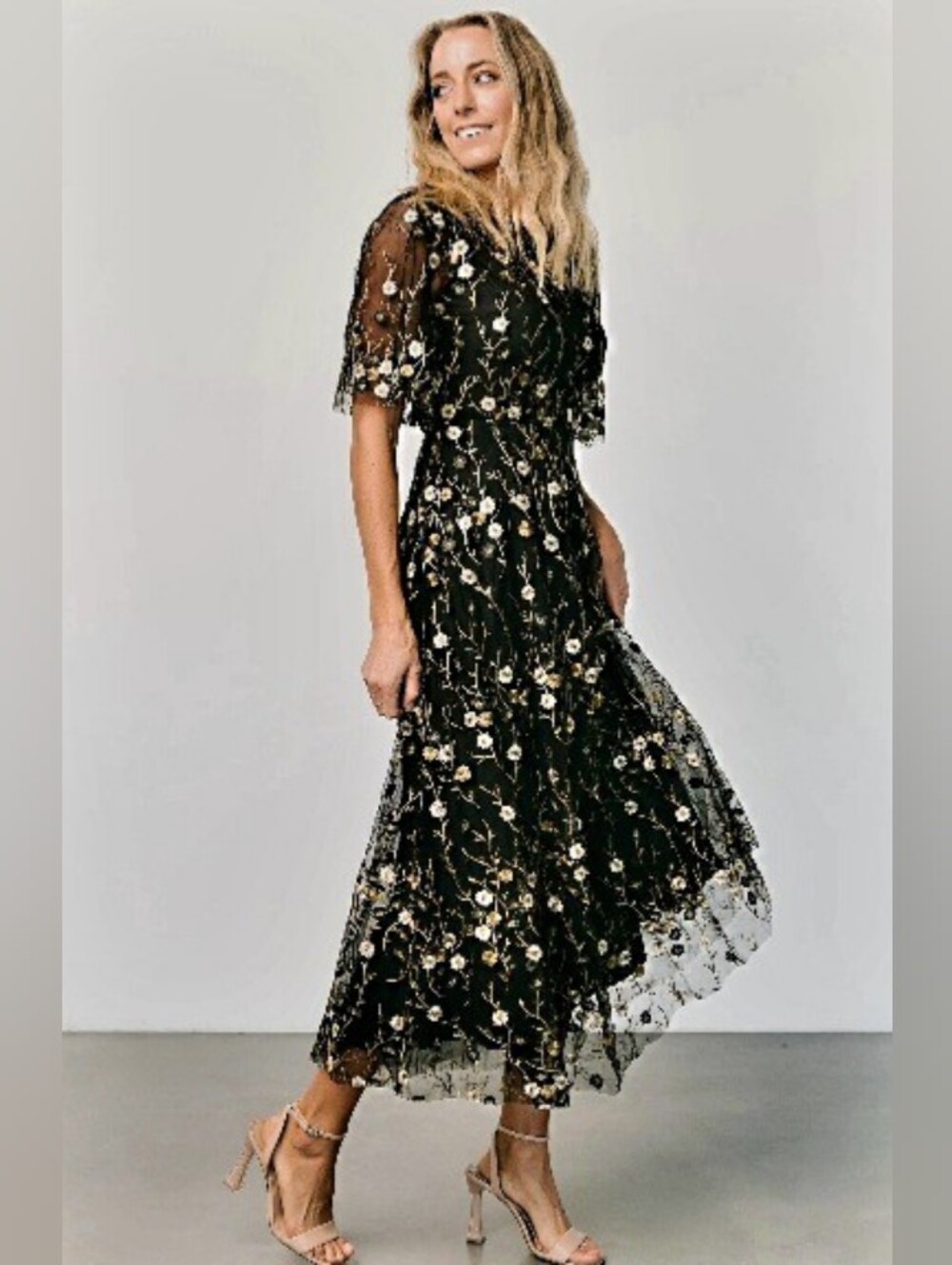 Baltic Born Black Maxi Dress with Gold and Cream Floral Embroidery. NWT. Size S